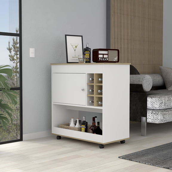 Kitchen Carts, Pendleton 1-Shelf 6-Bottle Bar Cart Light Oak and White, White Kitchen Islands,Particle Board Metal Kitchen Carts, Furniture Dining Furniture Kitchen Islands & Carts