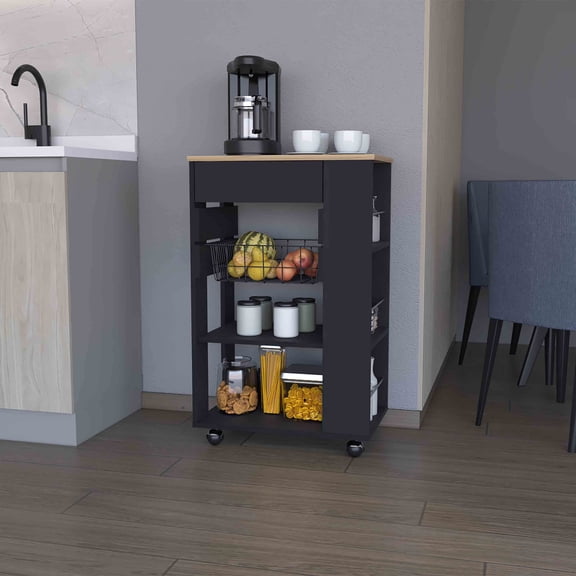 Kitchen Carts, Shelton Kitchen Cart, Two Open Shelves, One Drawer, Four Caster, Multicolor Kitchen Islands,Particle Board Metal Kitchen Carts, Furniture Dining Furniture Kitchen Islands & Carts