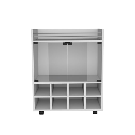 Kitchen Carts, St Andrews Bar Cart with Built-In 8-Bottle Rack, Double Glass Door Cabinet, and Aluminum-Edged Top Surface, White Kitchen Islands,Engineered Wood Metal Kitchen Carts