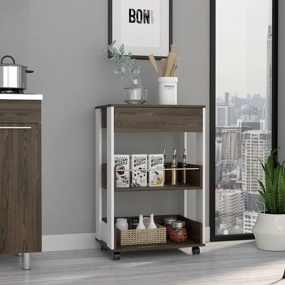 Kitchen Carts, Verona Kitchen Cart, Three Shelves, Four Casters -White / Dark Walnut, Multicolor Kitchen Islands,Particle Board Metal Kitchen Carts