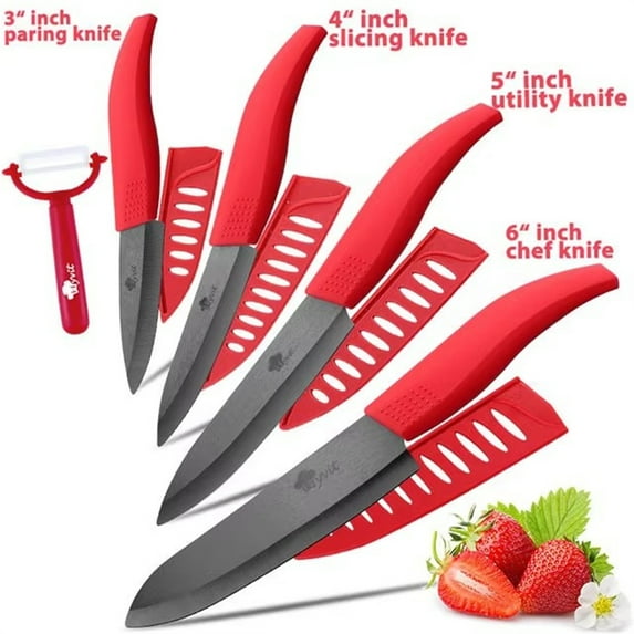 Kitchen Ceramic Knife Set Pro Chef Knife with Sheaths, Sharp Rust Proof Stain Resistant (6" Chef Knife, 5" Utility Knife, 4" Fruit Knife, 3" Paring Knife, One Peeler)