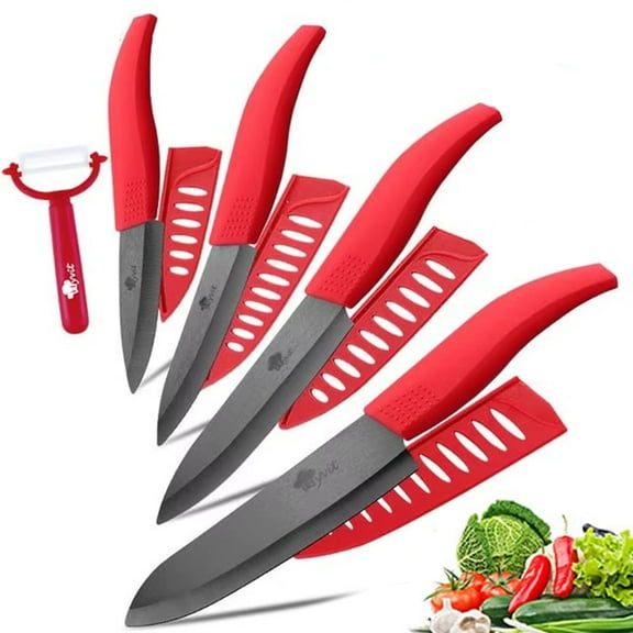 Kitchen Ceramic Knife Set Pro Chef Knife with Sheaths, Sharp Rust Proof Stain Resistant (6" Chef Knife, 5" Utility Knife, 4" Fruit Knife, 3" Paring Knife, One Peeler)