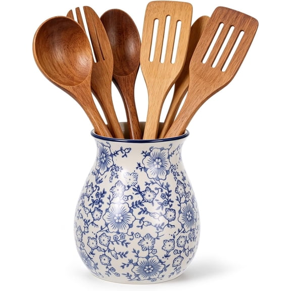 Kitchen Ceramic Utensil Holder 6" Chinoiserie Blue Floral Utensil Crock for Countertop Cooking Tools Storage Organizer for Spatula Spoon Decor Housewarming