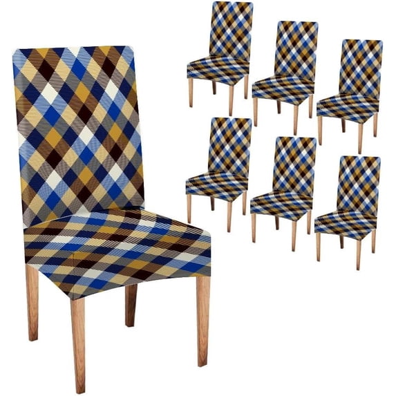 Kitchen Chair Covers Set of 6 Black Blue Gold and White Plaid Removable Chair Covers Stretch Dining Room Chair Covers for Home Restaurant Banquet Party