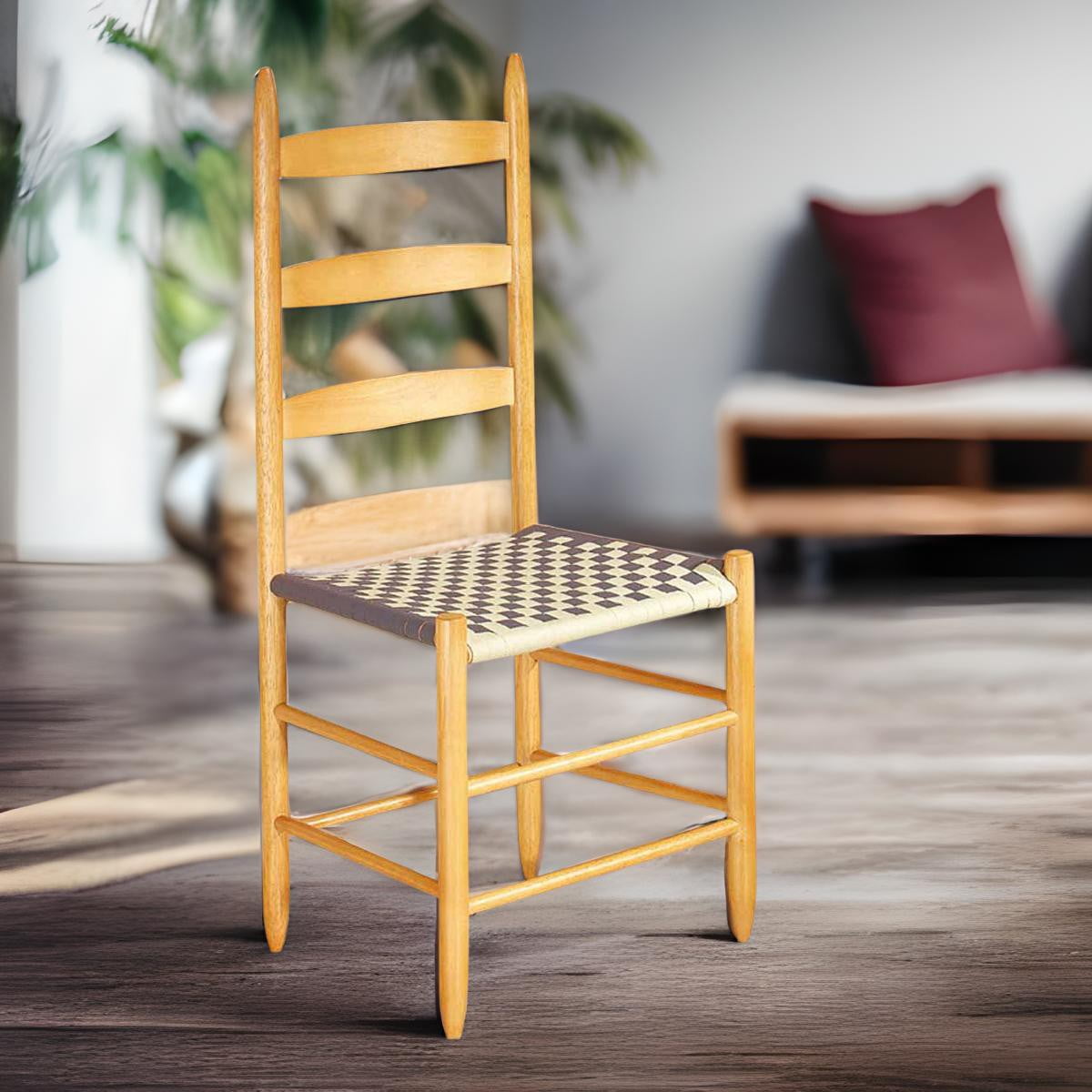 Navy and Tan Checkerboard Beechwood Ladderback Side Chair