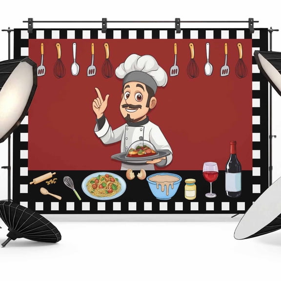 Kitchen Chef Backdrop for Photography, Knife And Fork Food Red Black White Plaid Photo Backdrop Portrait Background Party Banner Photo Backgrounds for Studio Booth Props, 7x5ft