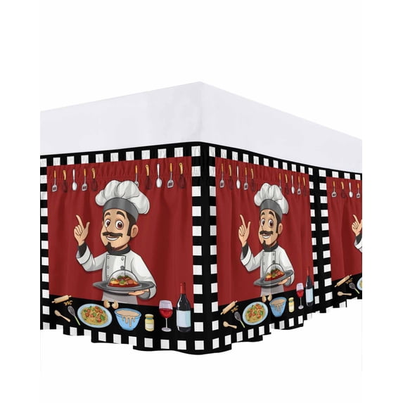 Kitchen Chef Bed Skirt Knife And Fork Food Red Black White Plaid Bed Skirts King Size 18 Inch Drop, Wrap Around Dust Ruffle Bedskirt with Adjustable Elastic Belt for Queen Size Beds
