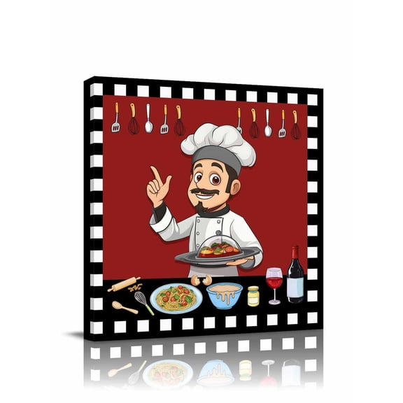 Kitchen Chef Canvas Wall Art, Knife And Fork Food Red Black White Plaid Framed Wall Decor Modern Artwork Prints Painting for Living Room, Bedroom, Kitchen & Cafe Decor 28x28 Inch