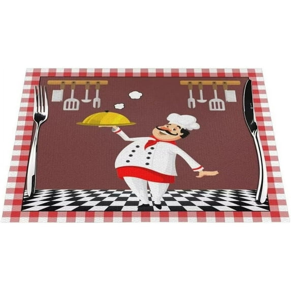 Kitchen Chef Cloth Placemats Set of 4,Retro Cartoon Fat Chef Cook Pattern Linen Table Mats,Heat Resistant Woven Placemats Non-Slip Dining Table Place Mats for Kitchen,Cafe,Home Decor (18" L x 12" W)