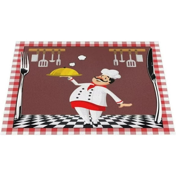 Kitchen Chef Cloth Placemats Set of 4,Retro Cartoon Fat Chef Cook Pattern Linen Table Mats,Heat Resistant Woven Placemats Non-Slip Dining Table Place Mats for Kitchen,Cafe,Home Decor (18" L x 12" W)