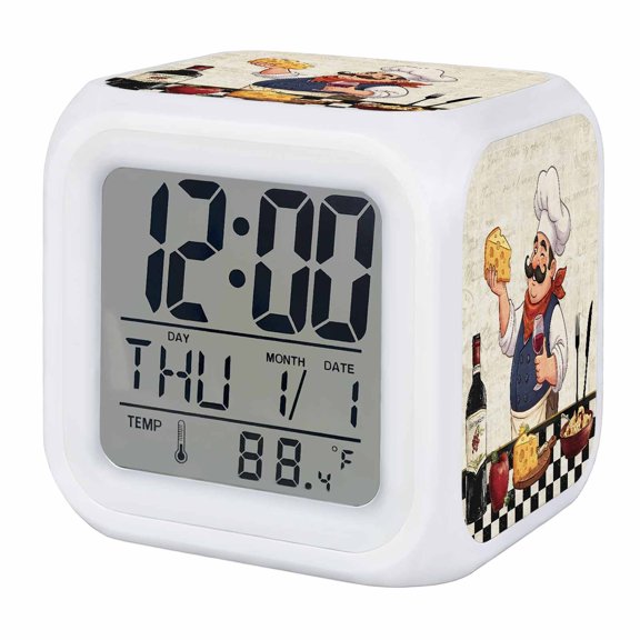 Kitchen Chef Digital Alarm Clock for Bedrooms,Smart LED Alarm Clock with 7 Color Changing Night Light,Vintage Rustic Cheese Wine Coking Checked Silent Wake Up Clocks for Sleep Study Cooking 3.2"x3.2"