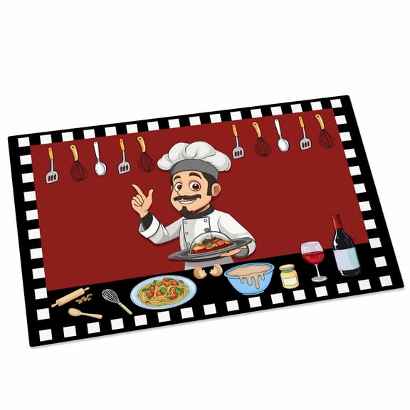 Kitchen Chef Door Mat 16x24 Inch Knife And Fork Food Red Black White Plaid Entryway Rug with Non-Slip Rubber, Front Door Rug Indoor Floor Mats for Living Room Bathroom Bedroom Home Office