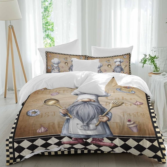 Kitchen Chef Dwarf Full Size Comforter Set, Desserts Ice Cream Donuts Black Plaid Bedding for All Seasons, 4 Pcs Bed Set, 1Quiltcover (86"x86") ,1Sheet(80"x116"), 2Pillowcases (30"x20")