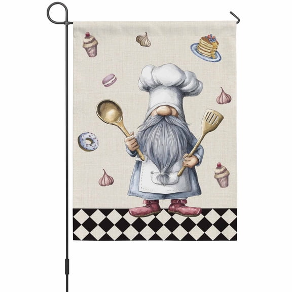 Kitchen Chef Dwarf Garden Flag 12 x 18 Inches, Desserts Donuts Ice Cream Black Plaid Weather Proof Outdoor Patio Flags Double Sided Small Garden Decoration for Yard Outside Home
