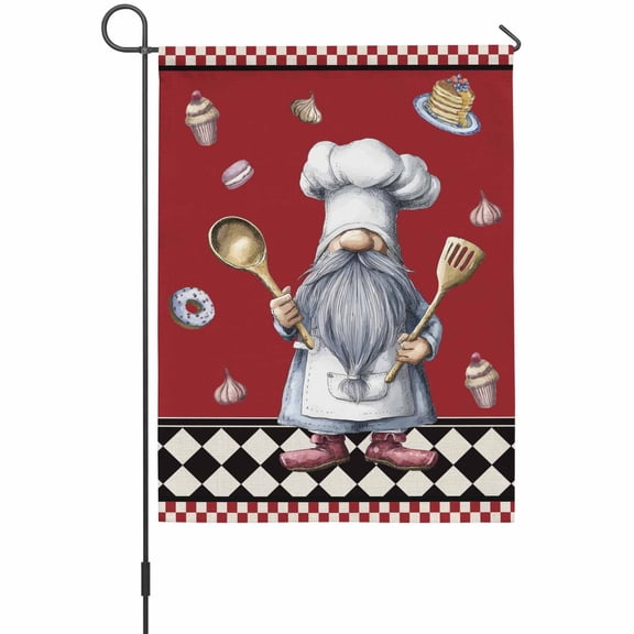 Kitchen Chef Dwarf Garden Flag 12 x 18 Inches, Desserts Ice Cream Donuts Red Plaid Weather Proof Outdoor Patio Flags Double Sided Small Garden Decoration for Yard Outside Home