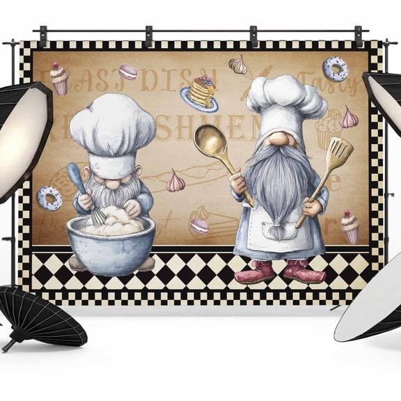 Kitchen Chef Dwarf Photography Backdrop 7x5FT, Desserts Ice Cream Donuts Black Plaid Photo Backdrops, Background for Photography Studio Photo Studio Background, Back Drop for Photoshoot