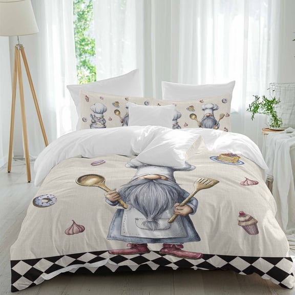 Kitchen Chef Dwarf Queen Size Comforter Set, Desserts Donuts Ice Cream Black Plaid Bedding for All Seasons, 4 Pcs Bed Set, 1Quiltcover (90"x92") ,1Sheet(94"x116"), 2Pillowcases (30"x20")