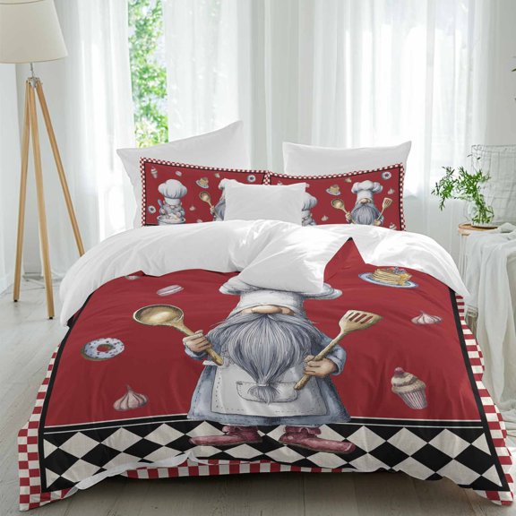 Kitchen Chef Dwarf Queen Size Comforter Set, Desserts Ice Cream Donuts Red Plaid Bedding for All Seasons, 4 Pcs Bed Set, 1Quiltcover (90"x92") ,1Sheet(94"x116"), 2Pillowcases (30"x20")