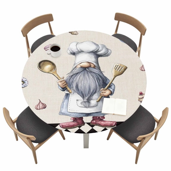 Kitchen Chef Dwarf Round Fitted Tablecloth with Elastic Edge Desserts Donuts Ice Cream Black Plaid Table Cover Fit for 45"-54" Tables Waterproof Tablecloths for Dinner Camping Picnic