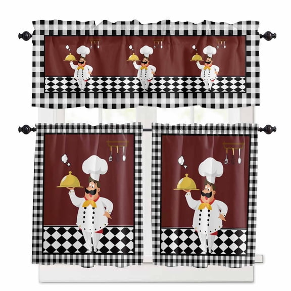 Kitchen Chef Kitchen Curtains Valances and Tiers Set of 3, 36 Inch Length Tier Curtains and Valance Rod Pocket Valance Curtains Set for Kitchen Bathroom Small Windows
