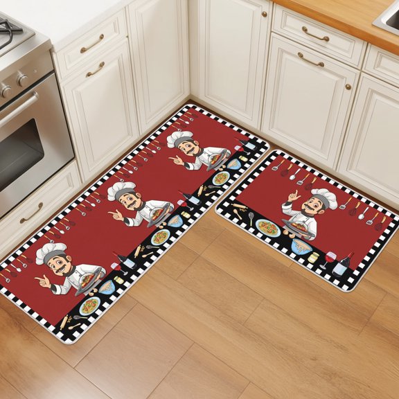 Kitchen Chef Kitchen Rugs Set of 2 Knife And Fork Food Red Black White Plaid Absorbent Non-Slip Kitchen Mats for Floor Cushioned Standing Carpet for Home, Office, Sink 23.6"x35.4"+23.6"x70.9"