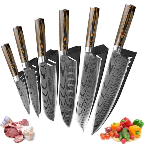 Kitchen Chef Knives Set of 6 Damascus Laser Blade Japanese Knife High Carbon Steel Slicing Cleaver Knife for Cooking Cutting Meat