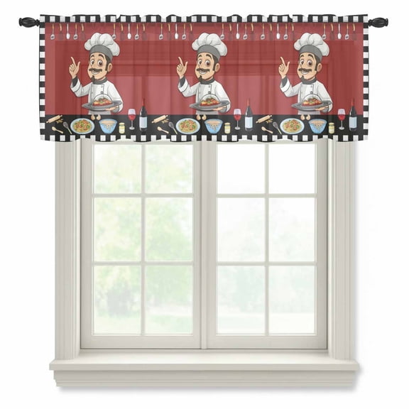 Kitchen Chef Semi Sheer Valance Curtains Knife And Fork Food Voile Valances Curtain Rod Pocket Small Window Treatment for Kitchen Bathroom Cafe 54"x18"