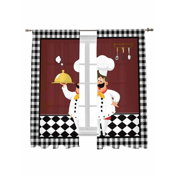 Kitchen Chef Sheer Curtains 2 Panels Set Black And White P Vintage Laid Knife And Fork Lihgt Filtering Rod Pocket Voile Drape, Semi Sheer Window Curtains for Bedroom Living Room, 52"x63"