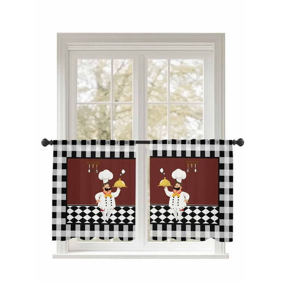Kitchen Chef Sheer Curtains 2 Panels Set Black And White P Vintage Laid Knife And Fork Lihgt Filtering Rod Pocket Voile Drape, Semi Sheer Window Curtains for Bedroom Living Room, 52"x54"