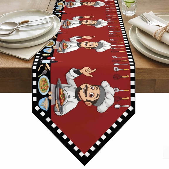 Kitchen Chef Table Runner 36 Inches Long Knife And Fork Food Red Black White Plaid Table Runners for Dining Room Tabletop Dresser Scarf Home Party Banquet Wedding Holiday Decoration