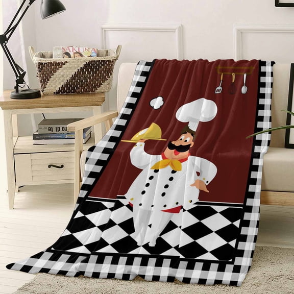 Kitchen Chef Throw Flannel Blanket 60x80In Black And White P Vintage Laid Knife And Fork Super Soft Cozy Bed Blanket, Lightweight Plush Fuzzy Bed Throw for Bedroom Sofa Couch Living Room