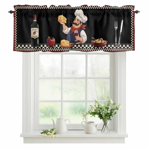 Kitchen Chef Valances for Windows, Rod Pocket Kitchen Valance Curtains - Soft & Washable Small Window Treatment for Living Room, Bathroom, Red Wine Cheese Bistro Black Buffalo Plaid 42x12inch