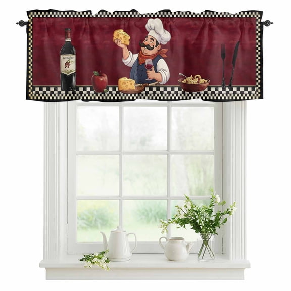 Kitchen Chef Valances for Windows, Rod Pocket Kitchen Valance Curtains - Soft & Washable Small Window Treatment for Living Room, Bathroom, Red Wine Cheese Bistro Buffalo Plaid 42x12inch, 1 Panel