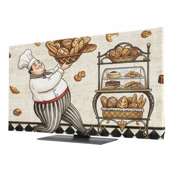 Kitchen Chef Vintage TV Cover for 55 Inch Screen, Stretch Fabric Dustproof TV Display Protector, Rustic Baker Cooking Checkered Elastic Slipcover Monitor Cover for Indoor Desktop Computer 47.9"x26.9"