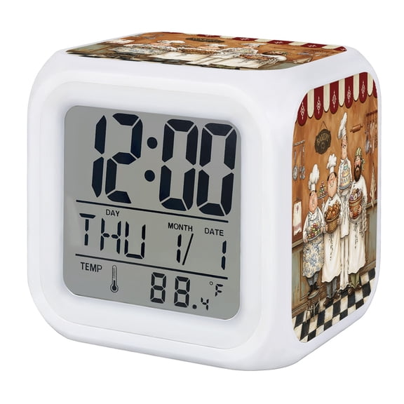 Kitchen Chefs Digital Alarm Clock for Bedrooms, Smart LED Alarm Clock with 7 Color Changing Night Light, Farmhouse Vintge Bakery Baking Team Silent Wake Up Clocks for Sleep Study Cooking 3.2"x3.2"