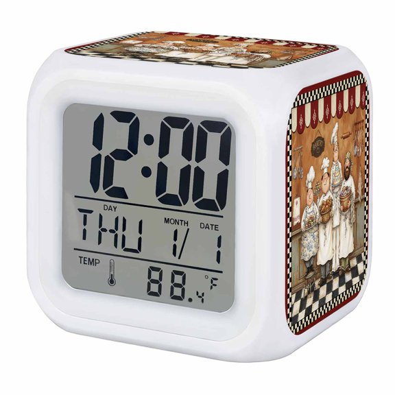 Kitchen Chefs Digital Alarm Clock for Bedrooms,Smart LED Alarm Clock with 7 Color Changing Night Light,Farmhouse Vintge Black Beige Plaid Silent Wake Up Clocks for Sleep Study 3.2"x3.2"