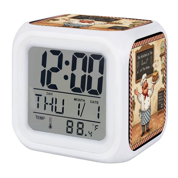 Kitchen Chief Rustic Digital Alarm Clock for Bedrooms,Smart LED Alarm Clock with 7 Color Changing Night Light,Farmhouse Cake Cooking Red Plaid Silent Wake Up Clocks for Sleep Study Cooking 3.2"x3.2"