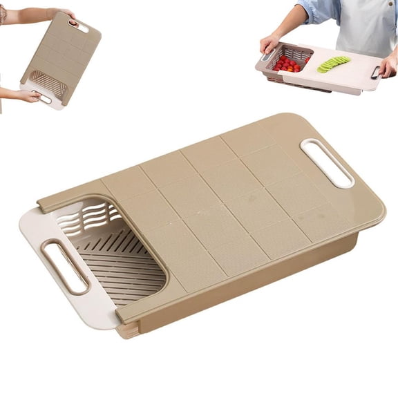Kitchen Chopping Block Cutting Board with Drain Basket, Expandable 2-in-1 Kitchen Chopping Block & Vegetable Colander, PP Plastic Food Prep Station for Meat, Fruits, Dish Drying