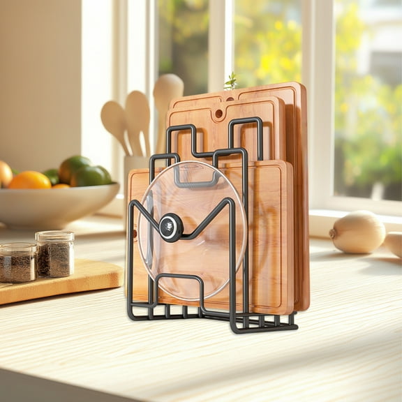 Kitchen Chopping Board Shelf, Countertop Multifunctional Rack, Pot Lid Storage Organizer, Vegetable Board Plates Holder, Iron Material, Partitioned Storage, No Installation, Easy Access
