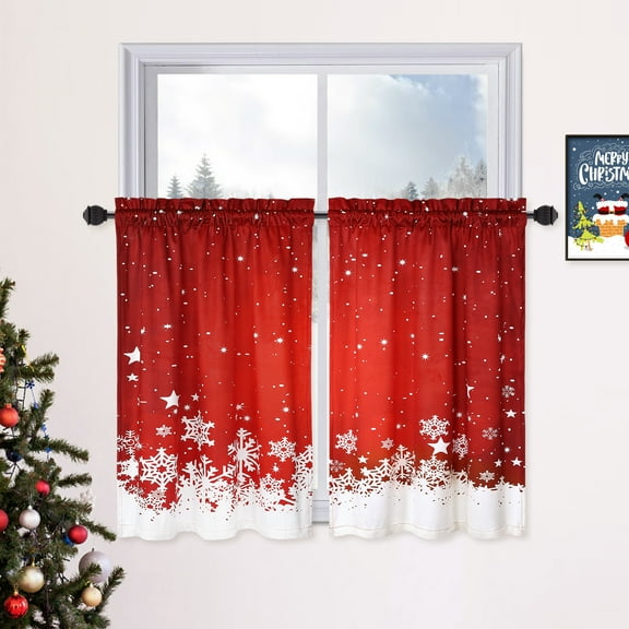 Kitchen Christmas Curtains, Velvet Curtain Set for Kitchen Windows, Flo-ral Snowflake Decoration Cafe Curtains, Thermal Insulated Room Darkening Short Curtain, 52*15"/26*24"/26*30"/26*36"/26*45"