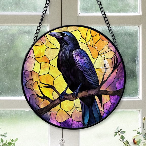 Kitchen Christmas Gift - Crow on a Branch Christmas Stained Glass Hanging Ornament - Warm Holiday Tree Decoration, Christmas Gift for Mom, Dad, Friends, Family