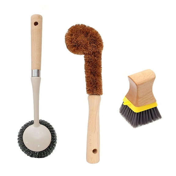 Kitchen Cleaning Brush Set,SHELLTON Cleaning Brush Set 3 Piece,Wooden Pot Cleaning Brush Bottle Brush