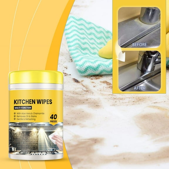 Kitchen Cleaning Supplies Strong Cleaning Power Wet Wipes for Grease Stains Gentle Disposable Design Large Pack Everyday Use 40PCS