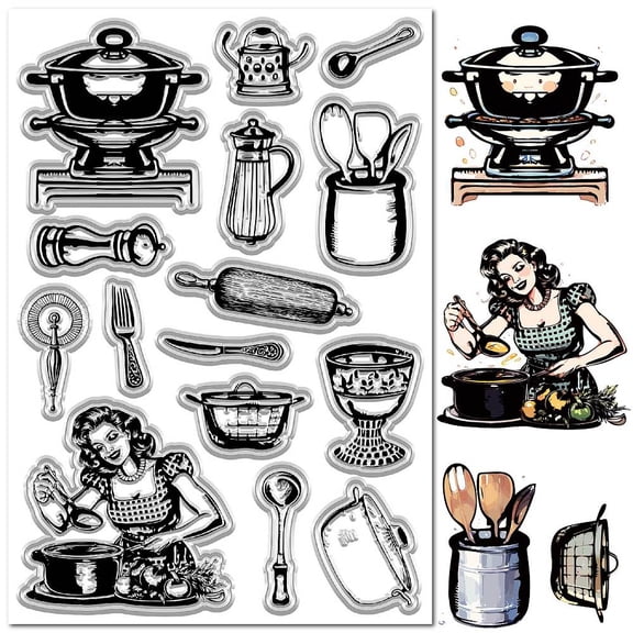Kitchen Clear Stamps Pot Fork Spoon Kettle Women Cook Tools Silicone Stamp Reusable Vintage Transparent Rubber Stamps Seals DIY