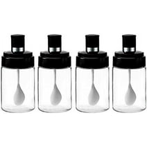 Kitchen Clear glass Spice Jars Seasonning Box Set of 4 with Spoons, Seasoning Containers Bottles with Black Cap,10oz for Home and Kitchen