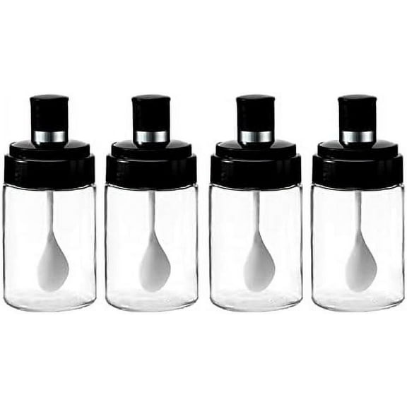 Kitchen Clear glass Spice Jars Seasonning Box Set of 4 with Spoons, Seasoning Containers Bottles with Black Cap,10oz for Home and Kitchen