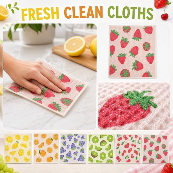 Kitchen Cloths, 10Pc Magic Cloth Reusable, Swedish Dishcloths for Kitchen, Kitchen Wash Cloths for Dishes, 8X7 in Non-Abrasive Absorbent Quick-Drying Fruit Printed Dish Cloth Set