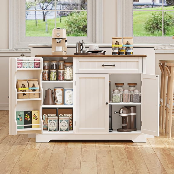Kitchen Coffee Bar Cabinet with Storage Kitchen Sideboard Buffet Cabinet with Drawers, Short Pantry with Door and Shelves for Bathroom and Living Room, White and Rustic