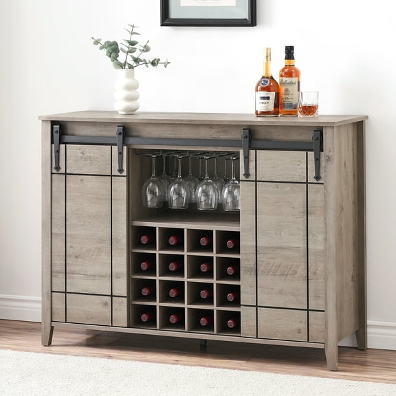 Kitchen Coffee Bar Cabinet w/16 Wine & Glass Rack, Storage Shelves Farmhouse Wine Bar Cabinet w/Sliding Barn Door Large Rustic Buffet Sideboard Storage Shelf