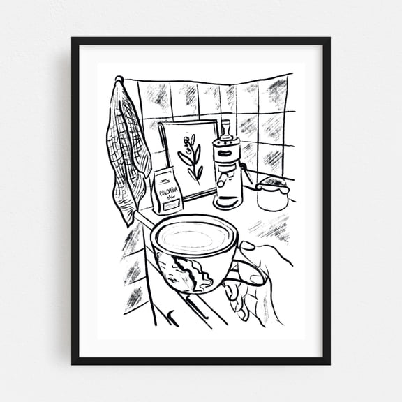 Kitchen Coffee Corner - Illustration Line Art Coffee Black and White Kitchen Decor Botanical Minimalist Modern Art Black Framed Wall Art Print 18 x 24 inches